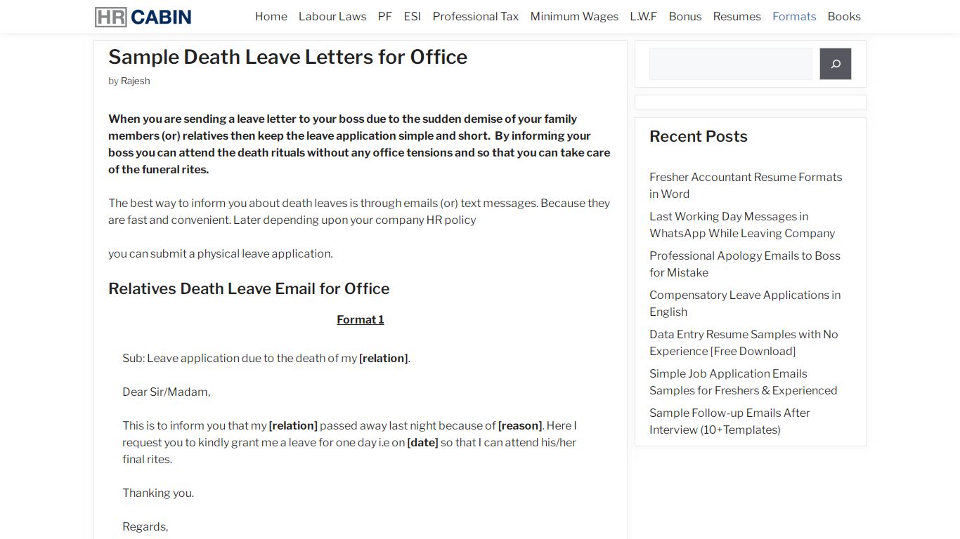 Sample Death Leave Letters for Office - HR CABIN