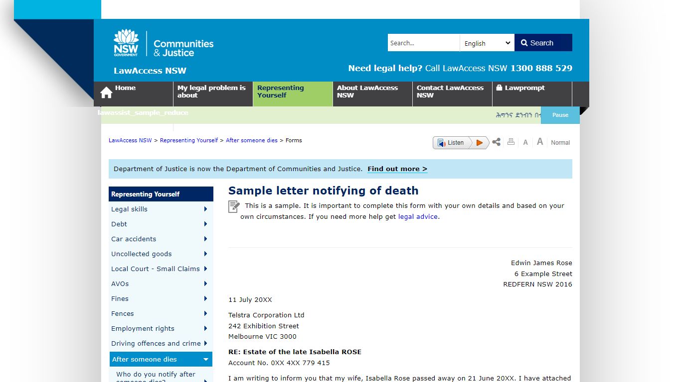Sample letter notifying of death