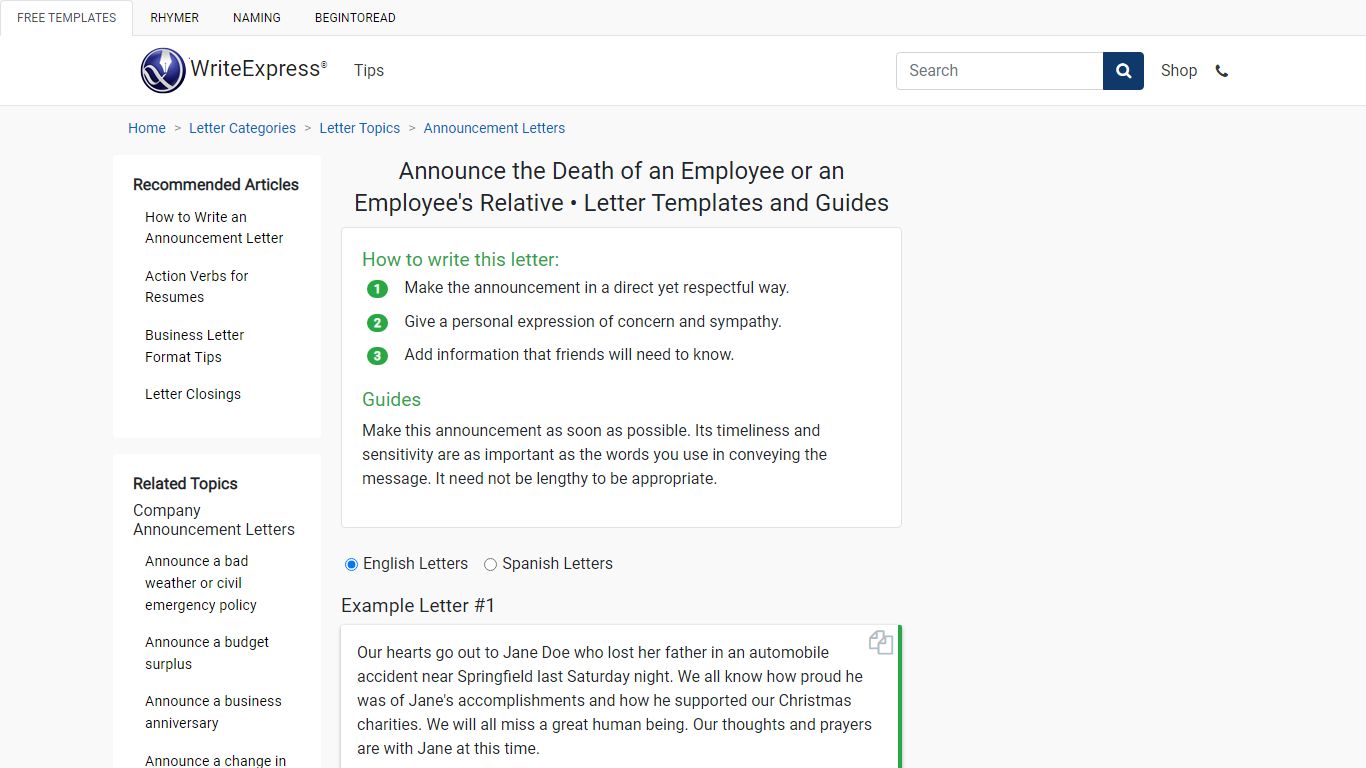 Announce the Death of an Employee or an Employee's Relative • Letter ...
