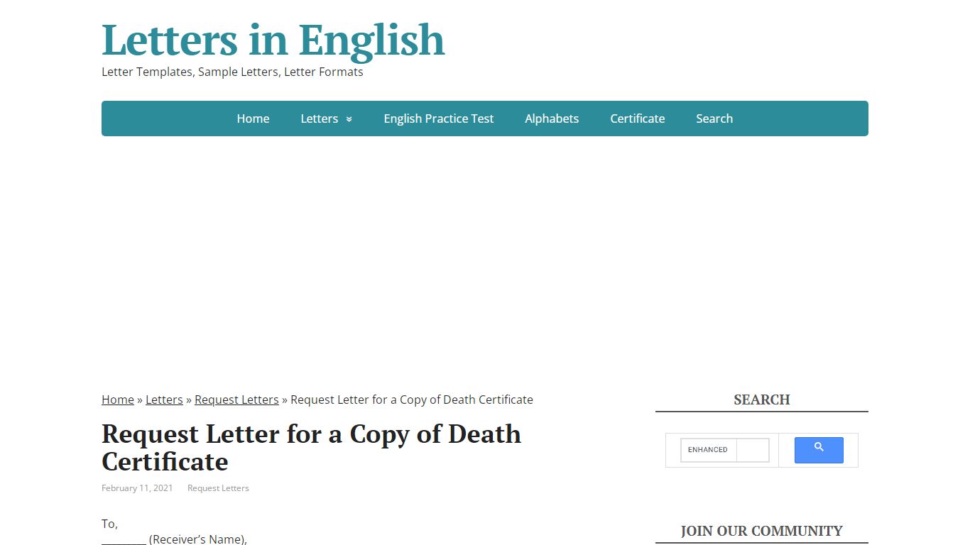 Request Letter for a Copy of Death Certificate - Letters in English