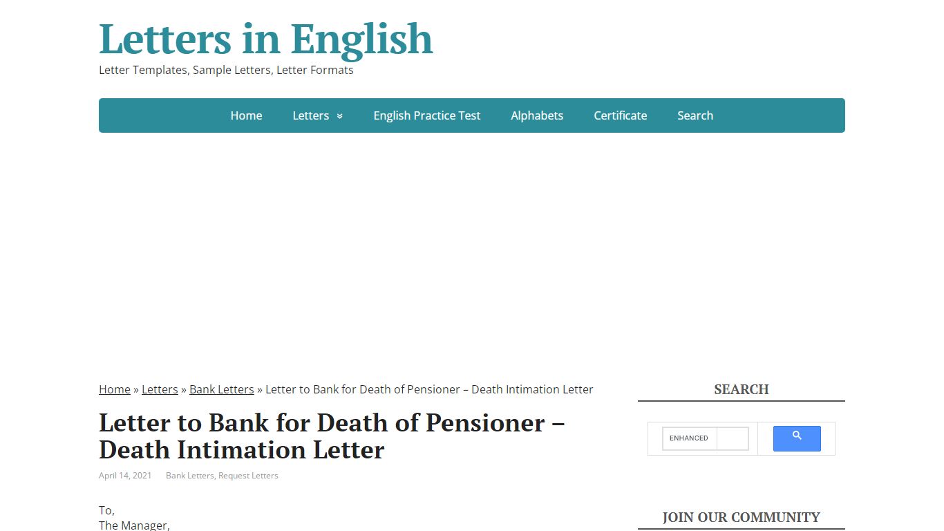 Letter to Bank for Death of Pensioner - Letters in English